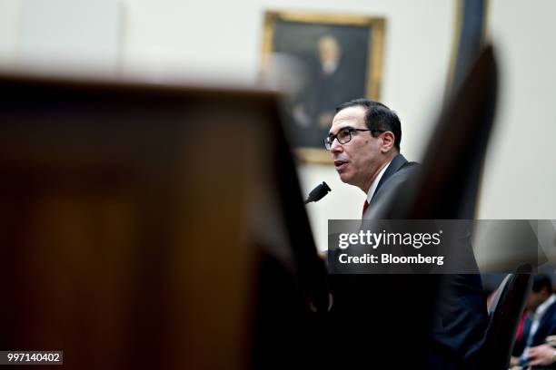 Steven Mnuchin, U.S. Treasury secretary, speaks during a House Financial Services Committee hearing in Washington, D.C., U.S., on Thursday, July 12,...