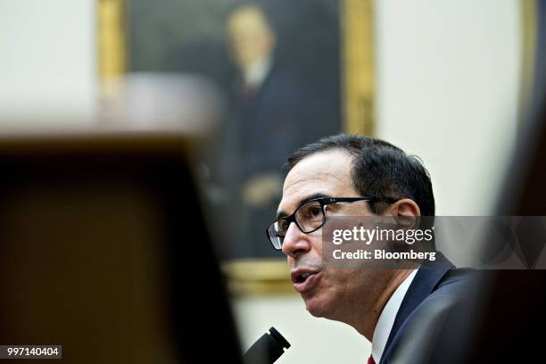 Steven Mnuchin, U.S. Treasury secretary, speaks during a House Financial Services Committee hearing in Washington, D.C., U.S., on Thursday, July 12,...