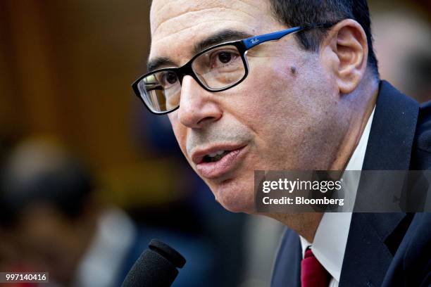 Steven Mnuchin, U.S. Treasury secretary, speaks during a House Financial Services Committee hearing in Washington, D.C., U.S., on Thursday, July 12,...