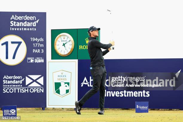 Thomas Pieters of Belgium takes his tee shot on hole seventeen during day one of the Aberdeen Standard Investments Scottish Open at Gullane Golf...