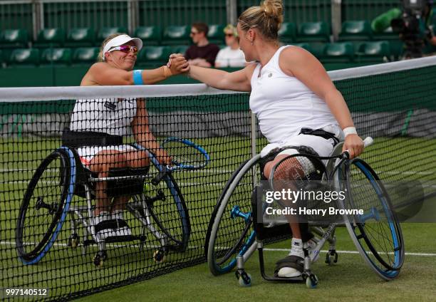 July 12: Lucy Shuker of Great Britain shakes hands with her opponent after losing the women's wheelchair quarter final against Aniek Van Koot of the...