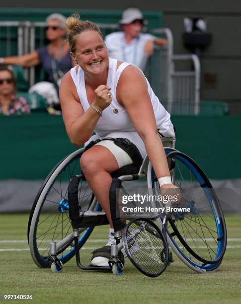 July 12: Aniek Van Koot of the Netherlands reacts during the women's wheelchair quarter final against Lucy Shuker of Great Britain at the All England...