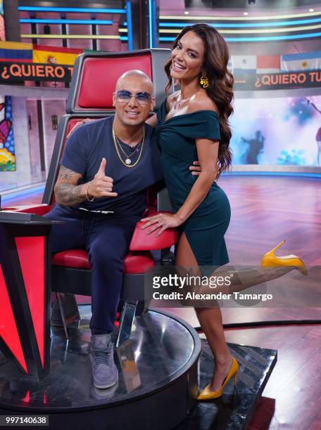 Wisin and Zuleyka Rivera are seen on the set of "Un Nuevo Dia" at Telemundo Center to promote the show "La Voz" on July 12, 2018 in Miami, Florida.