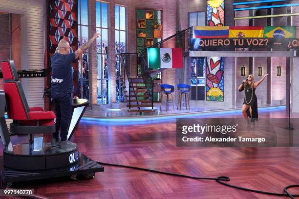 Wisin and Rashel Diaz are seen on the set of "Un Nuevo Dia" at Telemundo Center to promote the show "La Voz" on July 12, 2018 in Miami, Florida.