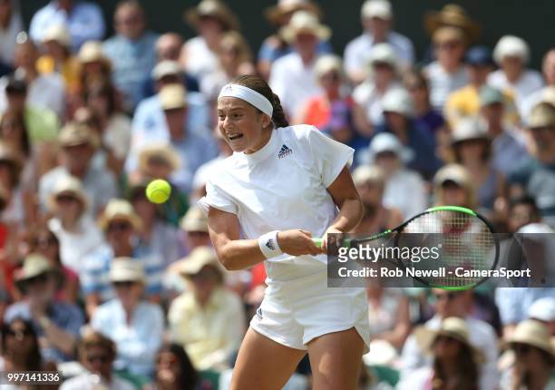 Jelena Ostapenko during her match against Angelique Kerber in their Ladies' Semi-Final match at All England Lawn Tennis and Croquet Club on July 12,...