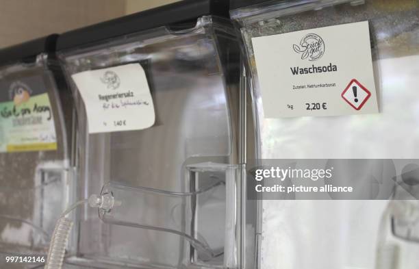 Laundry detergents in large containers at the Stueckgut packaging-free store in Hamburg, Germany, 5 September 2017. In Hamburg, more and more stores...