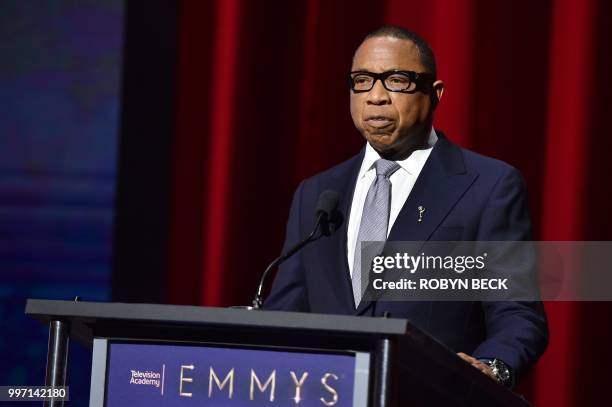 Television Academy Chairman and CEO Hayma Washington speaks on stage at the nominations announcement for the 70th Emmy Awards, July 12, 2018 at the...