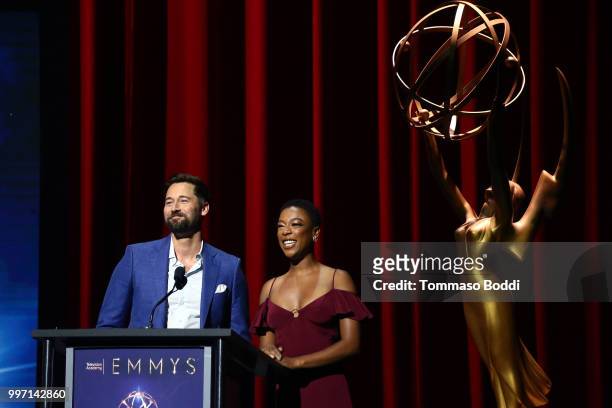 Ryan Eggold and Samira Wiley attend the 70th Emmy Awards Nominations Announcement at Saban Media Center on July 12, 2018 in North Hollywood,...