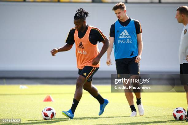 Michy Batshuayi forward of Belgium and Leander Dendoncker midfielder of Belgium during a training session as part of the preparation prior to the...