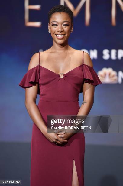 Actress Samira Wiley poses on stage at the nominations announcement for the 70th Emmy Awards, July 12, 2018 at the Television Academy's Wolf Theatre...