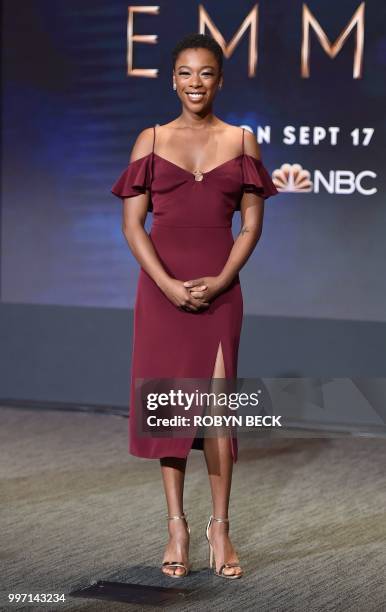 Actress Samira Wiley poses on stage at the nominations announcement for the 70th Emmy Awards, July 12, 2018 at the Television Academy's Wolf Theatre...