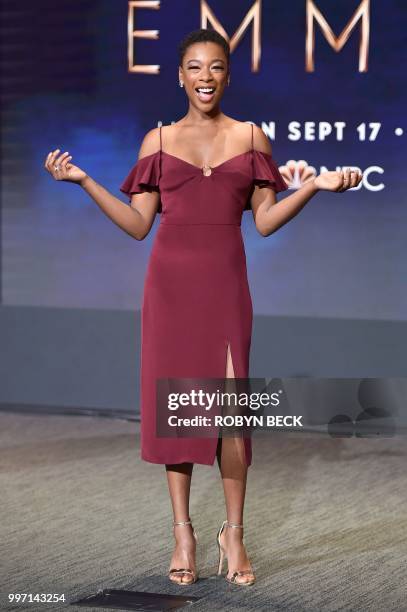 Actress Samira Wiley poses on stage at the nominations announcement for the 70th Emmy Awards, July 12, 2018 at the Television Academy's Wolf Theatre...