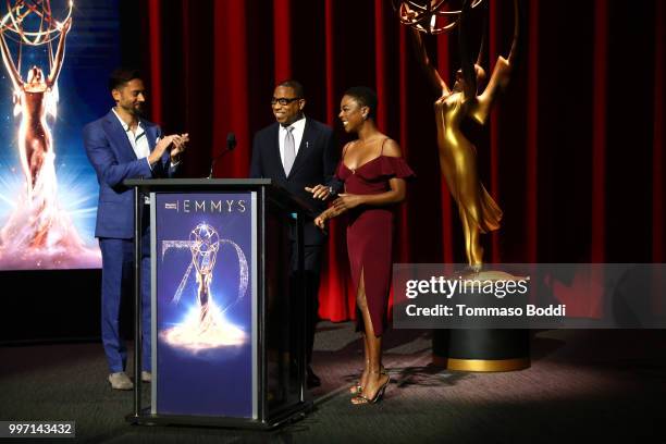 Ryan Eggold, Hayma Washington and Samira Wiley attend the 70th Emmy Awards Nominations Announcement at Saban Media Center on July 12, 2018 in North...