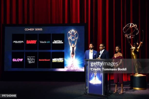 Ryan Eggold, Hayma Washington and Samira Wiley attend the 70th Emmy Awards Nominations Announcement at Saban Media Center on July 12, 2018 in North...