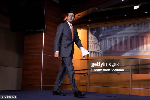 House Speaker Paul Ryan arrives for his weekly press conference at the Capitol on July 12, 2018 in Washington, DC.