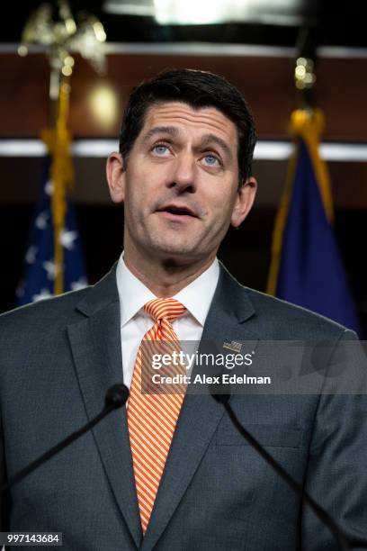 House Speaker Paul Ryan speaks with reporters during his weekly press conference at the Capitol on July 12, 2018 in Washington, DC.