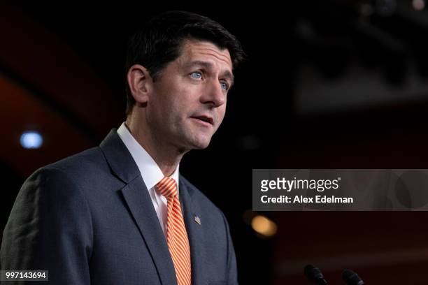 House Speaker Paul Ryan speaks with reporters during his weekly press conference at the Capitol on July 12, 2018 in Washington, DC.