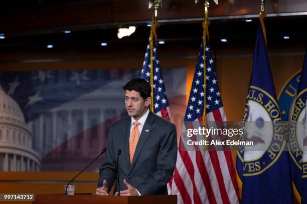 House Speaker Paul Ryan speaks with reporters during his weekly press conference at the Capitol on July 12, 2018 in Washington, DC.