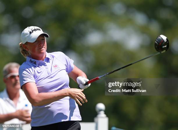 Stacy Lewis watches her tee shot on the fifth hole during the first round of the Marathon Classic Presented By Owens Corning And O-I on July 12, 2018...