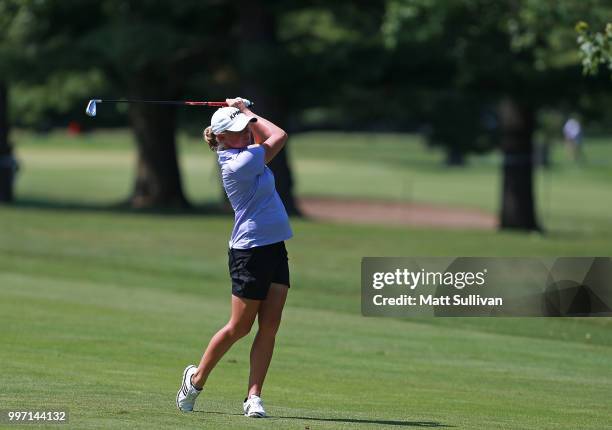 Stacy Lewis watches her second shot on the fourth hole during the first round of the Marathon Classic Presented By Owens Corning And O-I on July 12,...