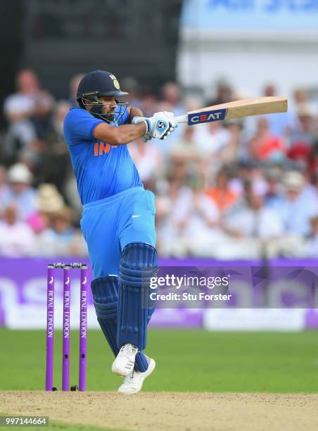 India batsman Rohit Sharma hits out during the 1st Royal London One Day International match between England and India at Trent Bridge on July 12,...