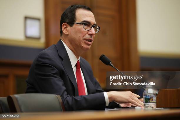 Treasury Secretary Steven Mnuchin testifies before the House Financial Services Committee in the Rayburn House Office Building on Capitol Hill July...