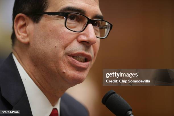 Treasury Secretary Steven Mnuchin testifies before the House Financial Services Committee in the Rayburn House Office Building on Capitol Hill July...