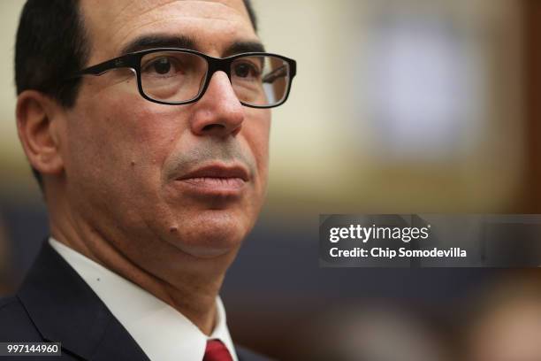 Treasury Secretary Steven Mnuchin testifies before the House Financial Services Committee in the Rayburn House Office Building on Capitol Hill July...