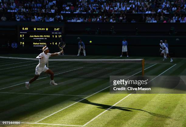 Rafael Nadal of Spain in action against Juan Martin Del Potro of Argentina during their Men's Singles Quarter-Finals match on day 9 of the Wimbledon...