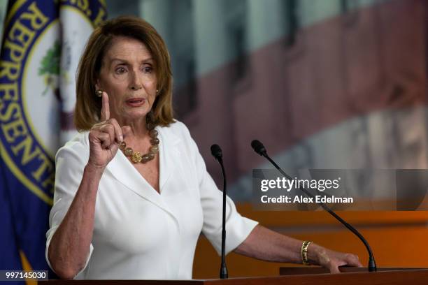 House Minority Leader Nancy Pelosi speaks with reporters during her weekly press conference at the Capitol on July 12, 2018 in Washington, DC.