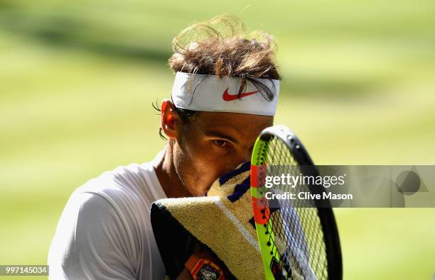 Rafael Nadal of Spain in action against Juan Martin Del Potro of Argentina during their Men's Singles Quarter-Finals match on day 9 of the Wimbledon...