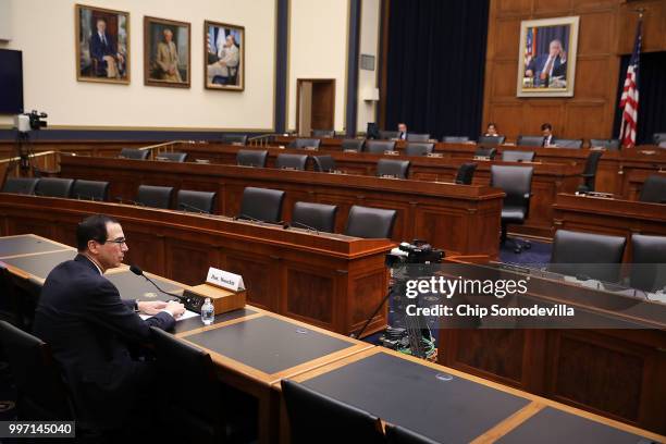 Treasury Secretary Steven Mnuchin testifies before a nearly-empty room during a hearing of the House Financial Services Committee in the Rayburn...