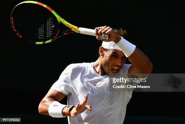 Rafael Nadal of Spain in action against Juan Martin Del Potro of Argentina during their Men's Singles Quarter-Finals match on day 9 of the Wimbledon...