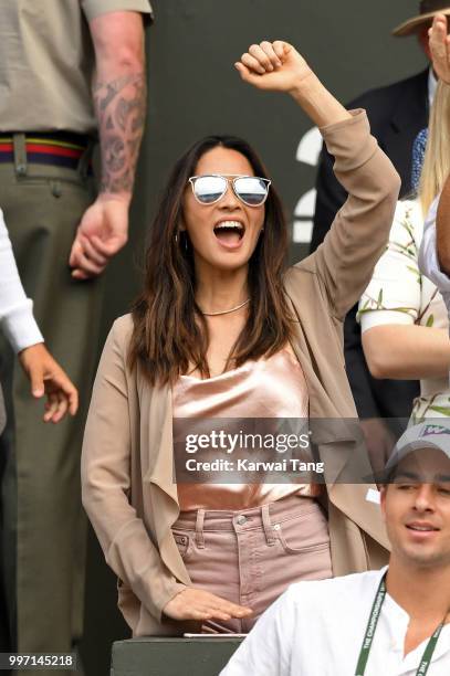 Olivia Munn attends day ten of the Wimbledon Tennis Championships at the All England Lawn Tennis and Croquet Club on July 12, 2018 in London, England.