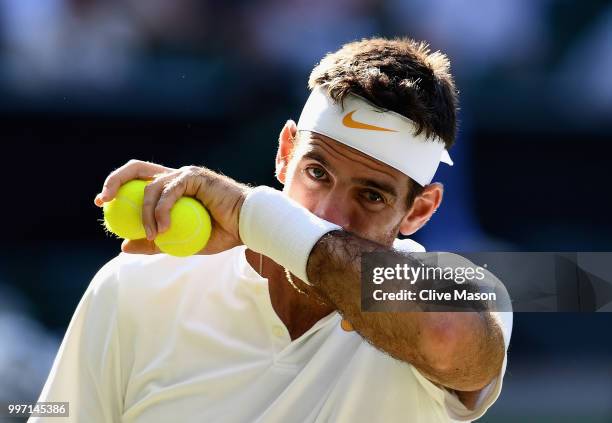 Juan Martin Del Potro of Argentina in action against Rafael Nadal of Spain during their Men's Singles Quarter-Finals match on day nine of the...