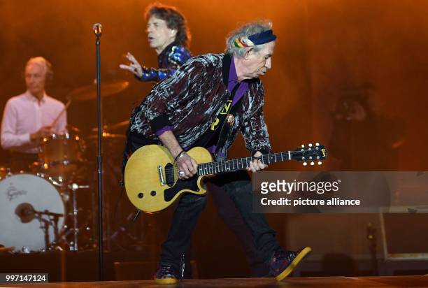 Keith Richards, guitarist of English rock band The Rolling Stones, performs on stage during a concert in the Esprit Arena in Dusseldorf, Germany, 09...