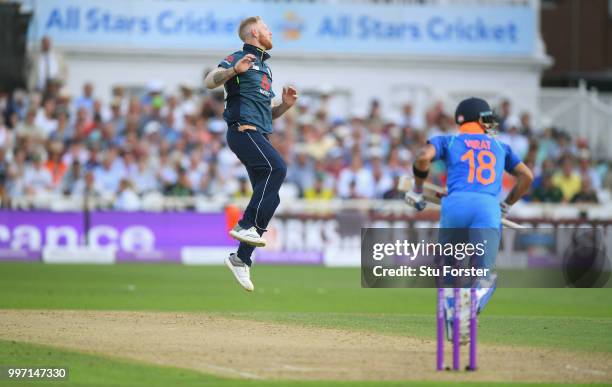 England bowler Ben Stokes reacts as Virat Kohli hits a ball to the boundary during the 1st Royal London One Day International match between England...