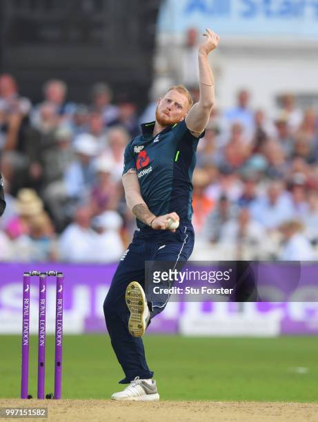 England bowler Ben Stokes in action during the 1st Royal London One Day International match between England and India at Trent Bridge on July 12,...