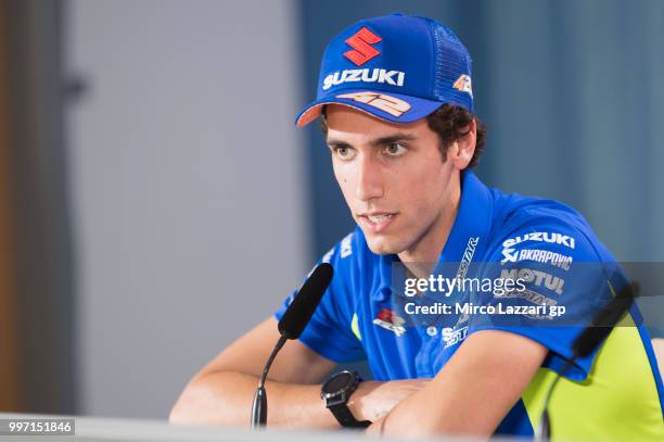 Alex Rins of Spain and Team Suzuki ECSTAR speaks during the press conference pre-event during the MotoGp of Germany - Previews at Sachsenring Circuit...