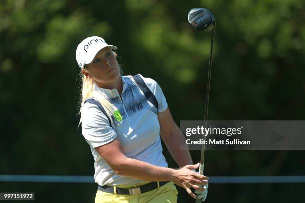 Jacqui Concolino watches her tee shot on the fourth hole during the first round of the Marathon Classic Presented By Owens Corning And O-I on July...