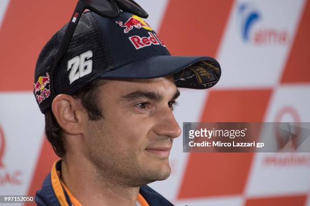Dani Pedrosa of Spain and Repsol Honda Team speaks during the press conference in order to announce his retired during the MotoGp of Germany -...