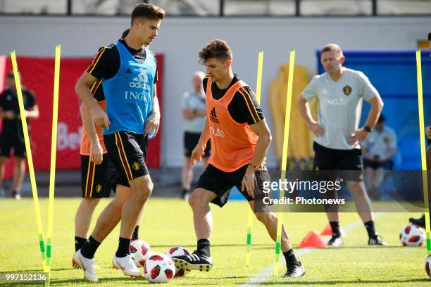 Leander Dendoncker midfielder of Belgium and Thomas Meunier defender of Belgium during a training session as part of the preparation prior to the...