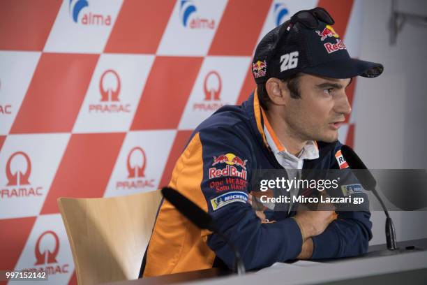 Dani Pedrosa of Spain and Repsol Honda Team speaks during the press conference in order to announce his retired during the MotoGp of Germany -...