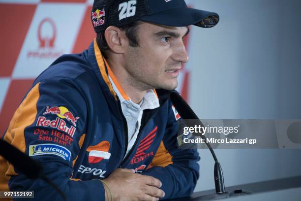 Dani Pedrosa of Spain and Repsol Honda Team speaks during the press conference in order to announce his retired during the MotoGp of Germany -...