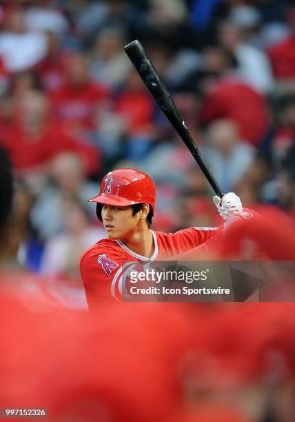 Los Angeles Angels of Anaheim designated hitter Shohei Ohtani on deck during a game against the Minnesota Twins played on May 11, 2018 at Angel...