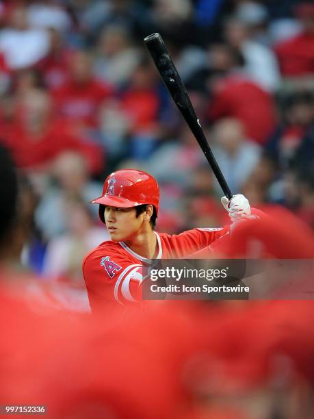Los Angeles Angels of Anaheim designated hitter Shohei Ohtani on deck during a game against the Minnesota Twins played on May 11, 2018 at Angel...