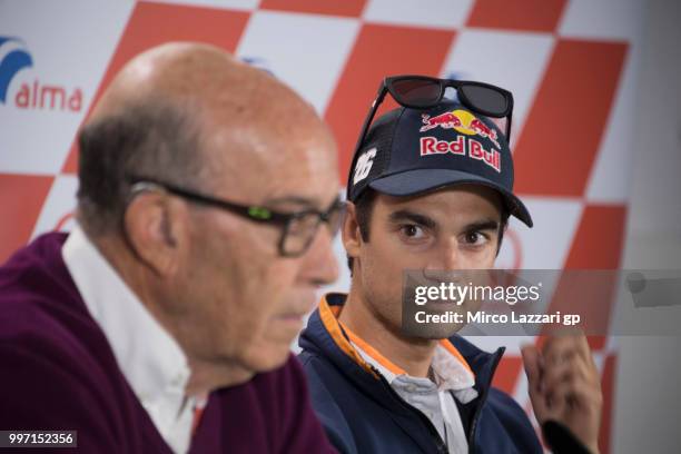 Dani Pedrosa of Spain and Repsol Honda Team looks on during the press conference in order to announce his retired during the MotoGp of Germany -...