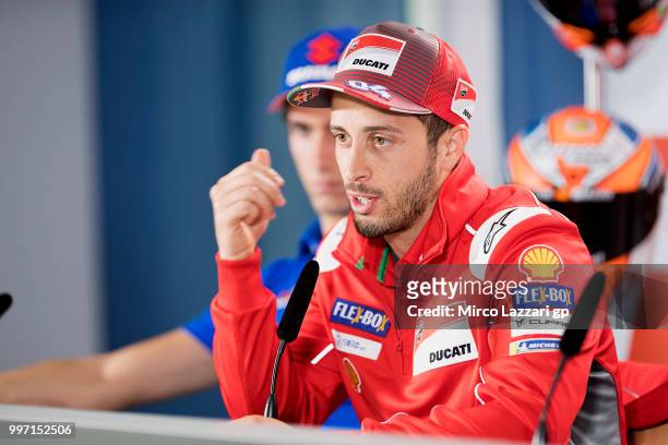 Andrea Dovizioso of Italy and Ducati Team speaks during the press conference pre-event during the MotoGp of Germany - Previews at Sachsenring Circuit...