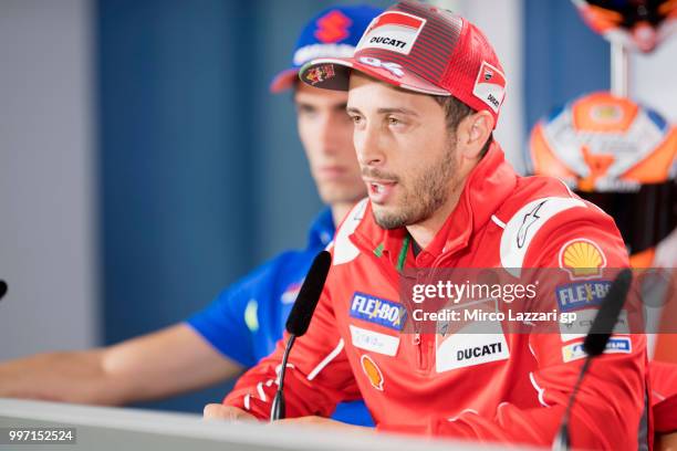 Andrea Dovizioso of Italy and Ducati Team speaks during the press conference pre-event during the MotoGp of Germany - Previews at Sachsenring Circuit...