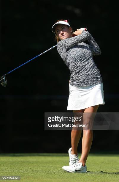 Jillian Hollis watches her tee shot on the 12th hole during the first round of the Marathon Classic Presented By Owens Corning And O-I on July 12,...